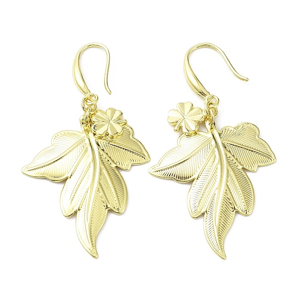

PandaHall Rack Plating Brass Leaf & Clover Dnagle Earrings, Long-Lasting Plated, Real 18K Gold Plated, 56.5x30mm Brass Leaf