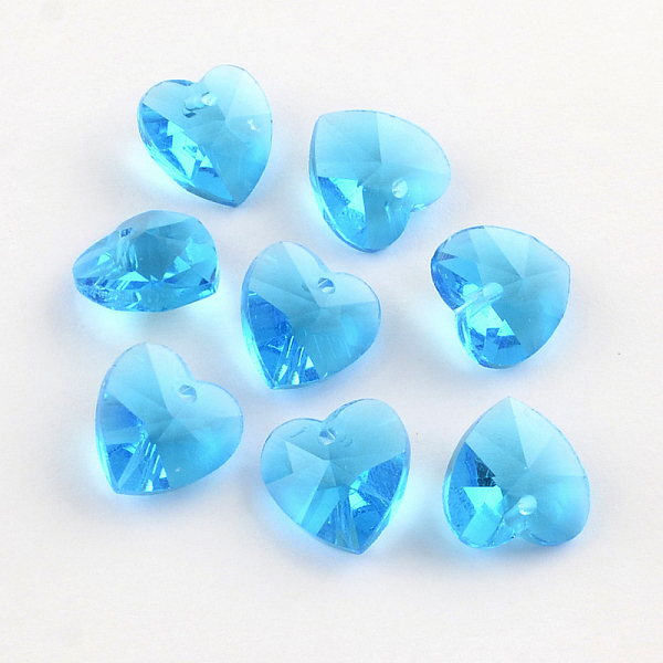 PandaHall Faceted Heart Transparent Glass Charm Pendants, Deep Sky Blue, 10x10x5mm, Hole: 1mm Glass Heart Blue