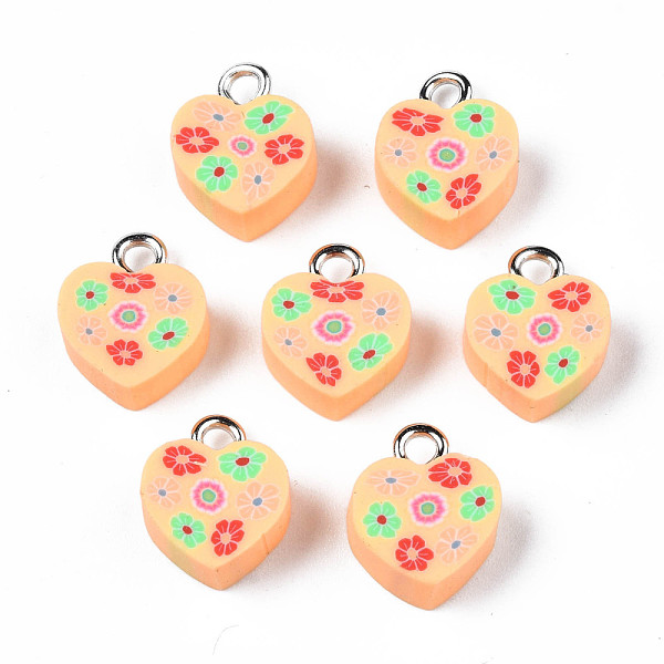 PandaHall Handmade Polymer Clay Charms, with Platinum Plated Iron Loop, Heart with Flower, Sandy Brown, 11~12.5x9.5~10x4~5mm, Hole: 1.8mm...