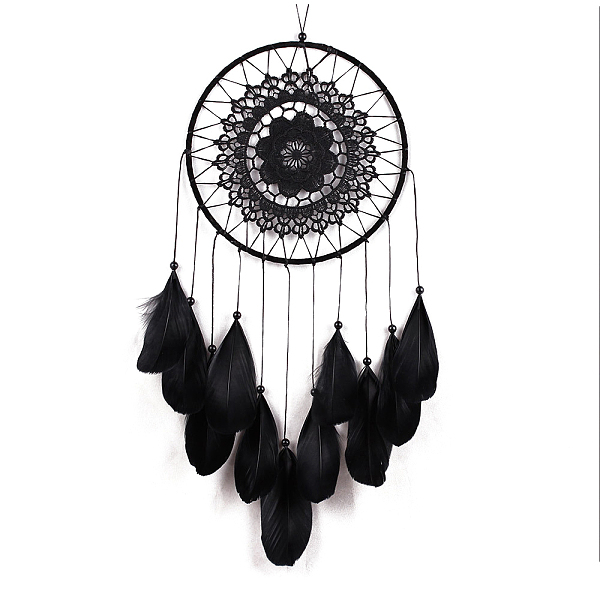 

PandaHall Indian Style Cotton Cord Macrame Wall Hanging, Iron Woven Web/Net with Feather Pendant Decorations, Black, 500~550x200mm Feather...