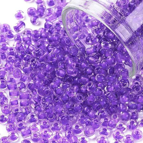 

PandaHall 8/0 Glass Seed Beads, Transparent Inside Colours, Round Hole, Round, Blue Violet, 8/0, 3~4x2~3mm, Hole: 0.8mm, about 15000pcs/bag...