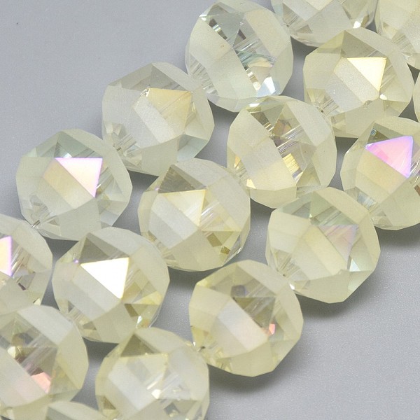 

PandaHall Electroplate Glass Beads Strands, Rainbow Plated, Frosted, Faceted, Round, Beige, 9~10x9~10mm, Hole: 2mm, about 72pcs/strand..., Yellow