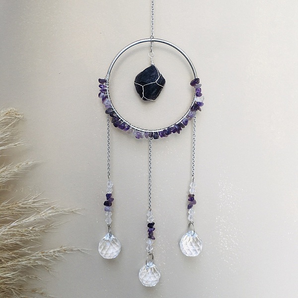 

PandaHall Glass Pendant Decoration, Suncatchers, with Metal Findings, Natural Amethyst, 400x90mm Amethyst