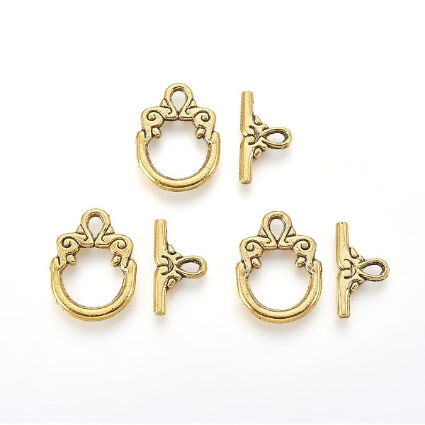 

PandaHall Tibetan Style Alloy Toggle Clasps, Antique Golden, Ring: 20x15x2mm, Hole: 2x3mm, Bar: 17x9x2mm, Hole: 2x3mm Alloy Ring