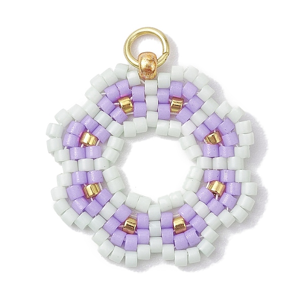 

PandaHall Handmade Seed Beads Pendants, with Elastic Thread, Loom Pattern, Flower, Violet, 23x22x3mm, Hole: 3.4mm Glass Flower Purple