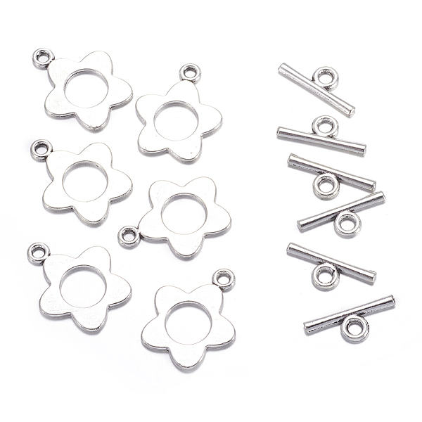 flower tibetan style alloy toggle clasps, lead free and cadmium free, antique silver, flower: 16x20mm, bar: 16mm long, hole: 2.5mm