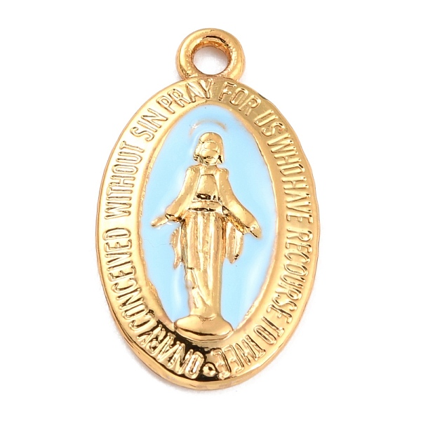 

PandaHall Golden Alloy Enamel Pendants, Long-Lasting Plated, Our Lady of the Miraculous Medal, Oval, Light Cyan, 21x12x1.5mm, Hole: 1.7mm...