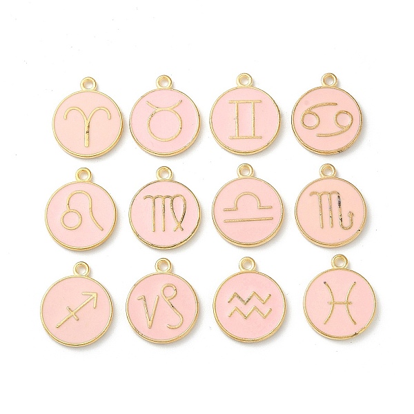 

PandaHall (Defective Closeout Sale: Blackening) Alloy Enamel Pendants, Flat Round with Twelve Constellation Charms, Misty Rose, 21.5x18x2mm...