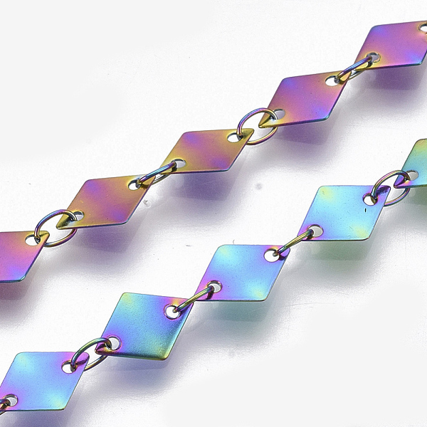

PandaHall Ion Plating(IP) 304 Stainless Steel Link Chains, Rhombus Sequin Chains, Soldered, Rainbow Color, rhombus: 8.7x6x0.3mm, link...
