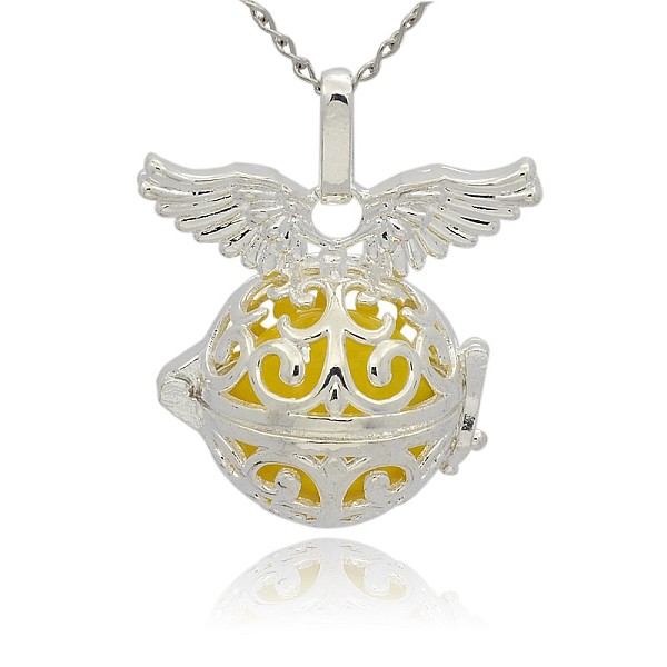 

PandaHall Silver Color Plated Brass Cage Pendants, Hollow Round with Wing, with No Hole Spray Painted Brass Round Ball Beads, Gold...