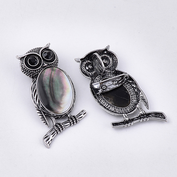 

PandaHall Black Lip Shell Brooches/Pendants, with Rhinestone and Alloy Findings, Owl, Jet, Antique Silver, Black, 51x28~29x13.5mm, Hole...