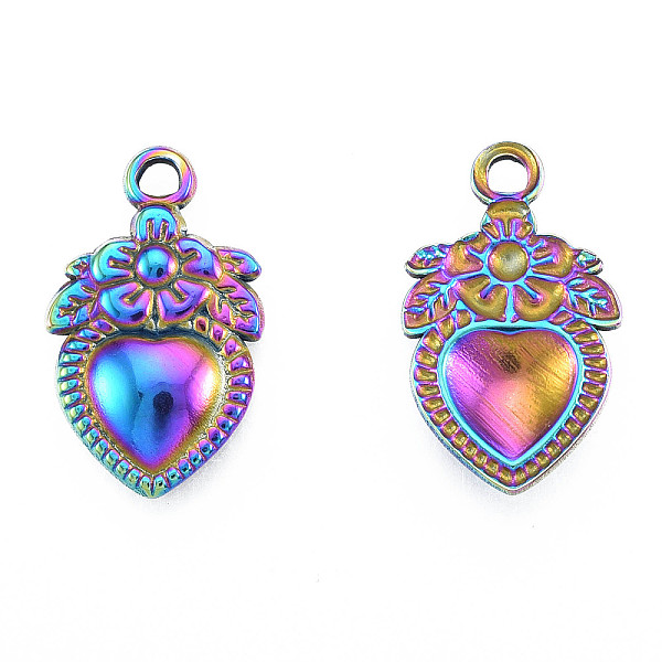 

PandaHall Ion Plating(IP) 201 Stainless Steel Pendants, Heart with Flower, Rainbow Color, 21x13x2.5mm, Hole: 2mm 201 Stainless Steel Heart