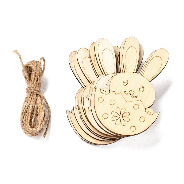 PandaHall DIY Crafts Easter Egg Shape Cutouts Pendants, with Hemp Rope, Bunny in Egg, BurlyWood, 8.4x5.5x0.2cm, 10pcs Wood Orange
