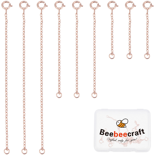 Beebeecraft 9Pcs 3 Style 925 Sterling Silver Cable Chain Extender, End Chains with Spring Ring Clasps, with S925 Stamp, Rose Gold, 1-1/4-3-1/4 inch(3.2-8.1cm), 3pcs/style