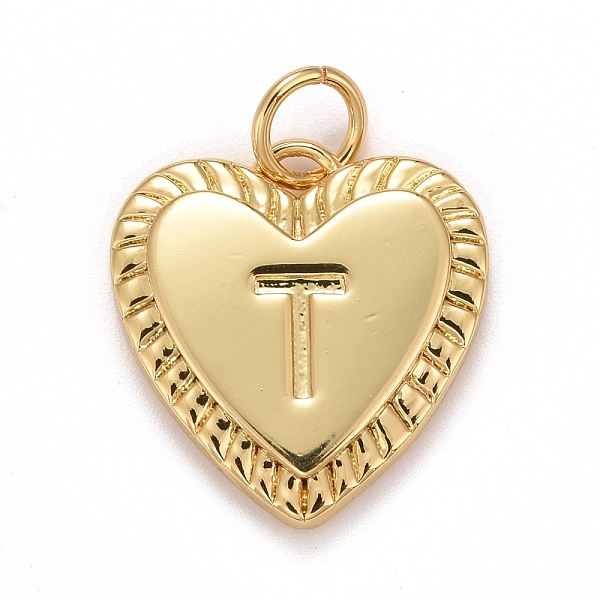 Rack Plating Real 18K Gold Plated Brass Pendants, with Jump Rings, Long-Lasting Plated, Lead Free & Cadmium Free & Nickel Free, Heart with Letter A-Z, Letter.T, 16x15x2.5mm, Jump Ring: 5x0.5mm, 3mm Inner Diameter