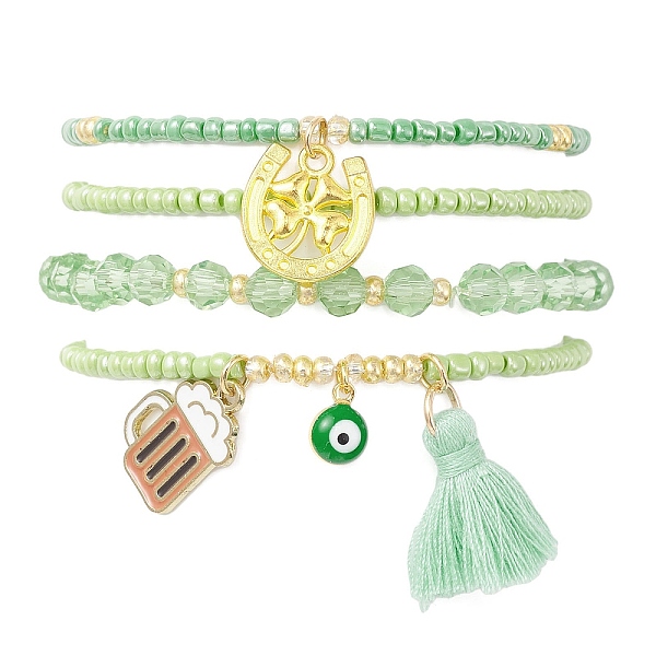 

PandaHall 4Pcs 4 Style Evil Eye Valentine's Theme Alloy Enamel & Polycotton(Polyester Cotton) Tassel Charm Bracelets Set, Glass Beaded...
