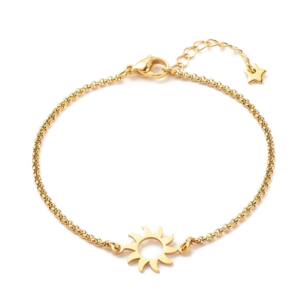 

PandaHall 201 Stainless Steel Sun Link Bracelet with 304 Stainless Steel Box Chains for Women, Golden, 7-1/2 inch(19cm) 304 Stainless Steel