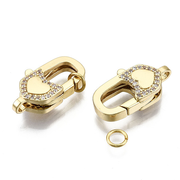 

PandaHall Brass Micro Pave Clear Cubic Zirconia Lobster Claw Clasps, with Jump Rings, Nickel Free, Heart, Real 16K Gold Plated, 21x12x6mm...