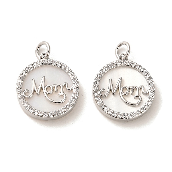 

PandaHall Mother's Day Brass Micro Pave Cubic Zirconia Pendants, with Shell, Flat Round with Word Mama, Real Platinum Plated, 18x15.5x3.5mm..., Clear