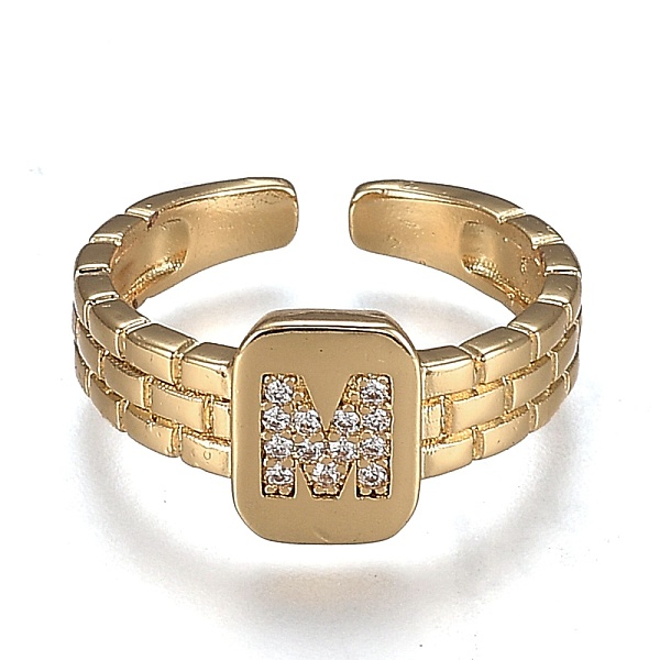 PandaHall Brass Micro Pave Clear Cubic Zirconia Cuff Rings, Open Rings, Cadmium Free & Lead Free, Rectangle, Golden, Letter. M, US Size 6 1/4...
