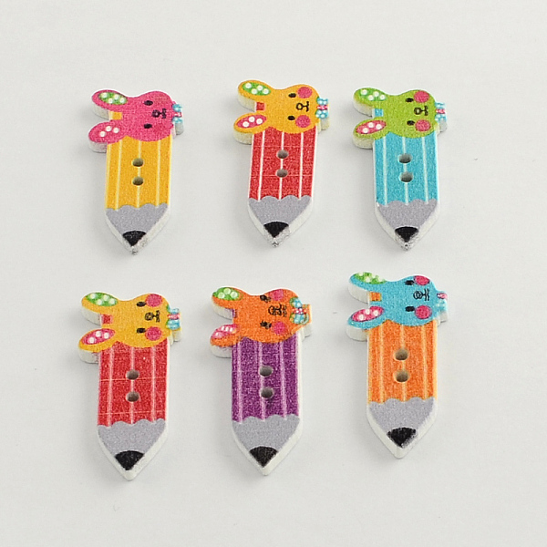 PandaHall 2-Hole Printed Wooden Buttons, Pencil, Mixed Color, 33x15x2.5mm, Hole: 2mm Wood Multicolor