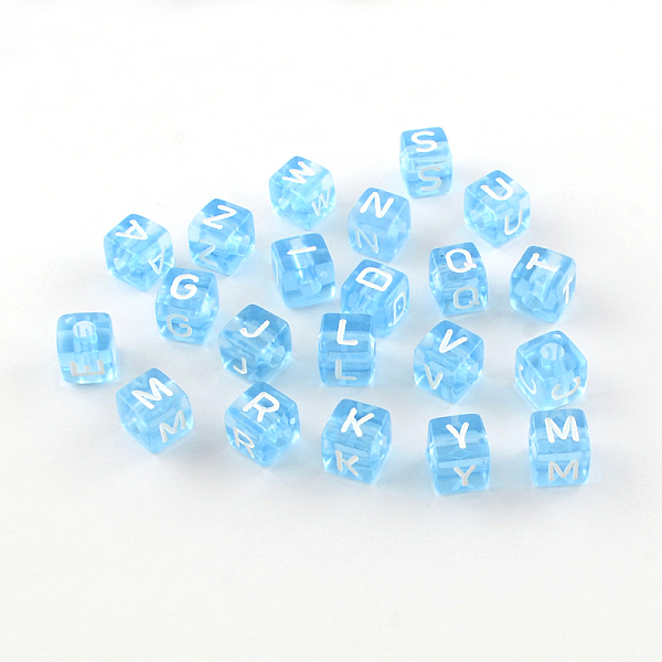 

PandaHall Transparent Acrylic European Beads, Random Mixed Letters, Horizontal Hole, Large Hole Cube Beads, Light Sky Blue, 10x10x10mm, Hole...