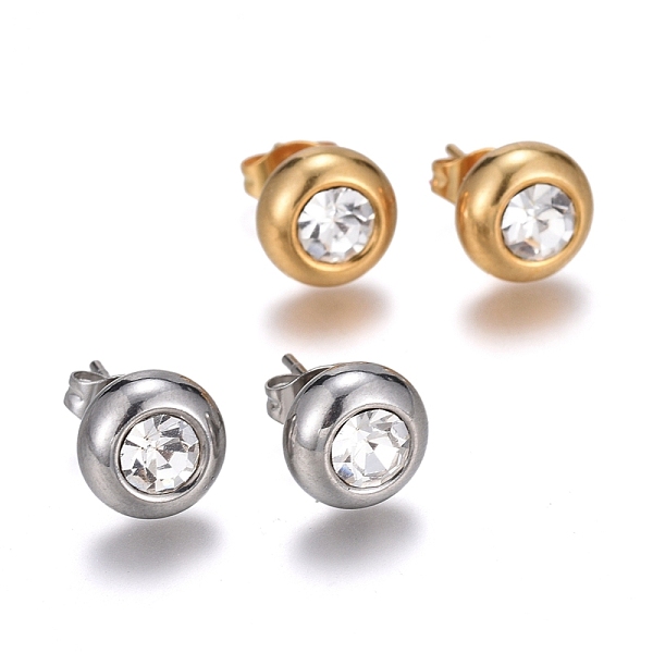 

PandaHall 304 Stainless Steel Stud Earrings, with Cubic Zirconia and Ear Nuts, Flat Round, Clear, Mixed Color, 9mm, Pin: 0.7mm, 6pairs/card...