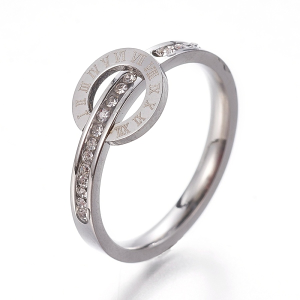 

PandaHall 304 Stainless Steel Finger Rings, with Rhinestone, Flat Round with Roman Numerals, Crystal, Stainless Steel Color, Size 6~9..., Clear
