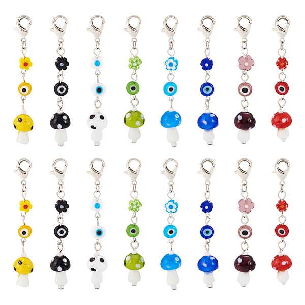 

PandaHall 32Pcs 8 Colors Handmade Evil Eye Lampwork Pendant Decoration, Flower & Mushroom Charms, for Keychain, Purse, Backpack Ornament..., Multicolor