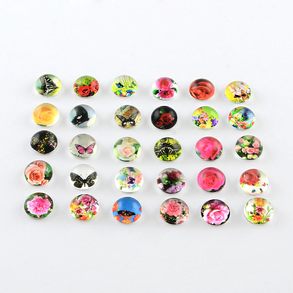 

PandaHall Half Round/Dome Flower Pattern Glass Flatback Cabochons for DIY Projects, Mixed Color, 8x3mm Glass Half Round Multicolor