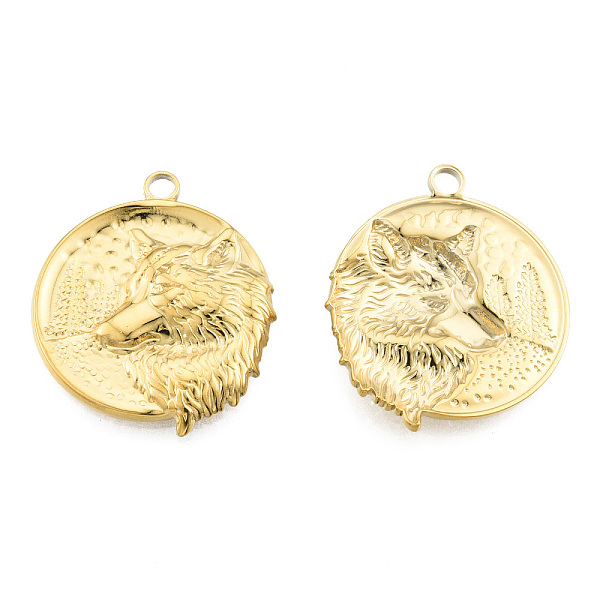 

PandaHall Ion Plating(IP) 201 Stainless Steel Pendants, Flat Round with Wolf, Real 18K Gold Plated, 30x25.5x3mm, Hole: 2.5mm 201 Stainless...