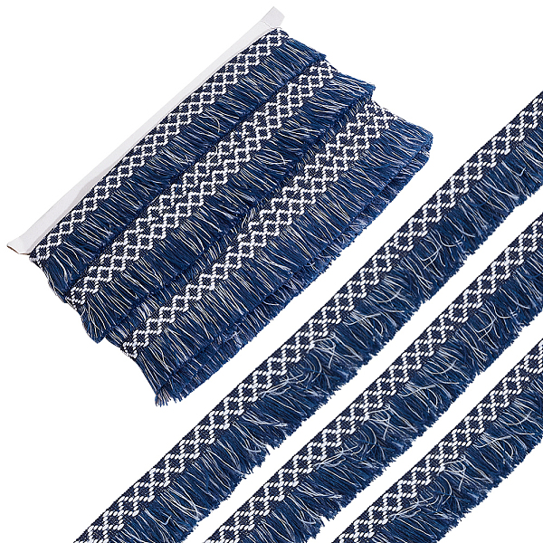 

PandaHall GORGECRAFT 10M x 3.5cm Wide Tassel Fringe Trim White Navy Blue Rhombus Pattern Fabric Lace Trimming Tassel Thread Edge Ribbon for...