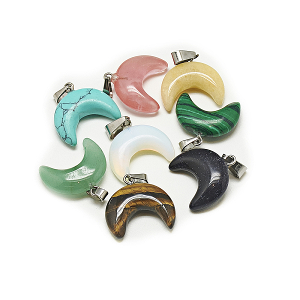 

PandaHall Natural & Synthetic Mixed Stone Pendants, with Stainless Steel Snap On Bails, Moon, Stainless Steel Color, 18~19x20x6mm, Hole...