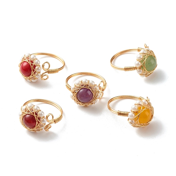 

PandaHall Natural Mixed Gemstone Finger Rings for Girl Women, Round Shell Pearl Beads Ring, Brass Wire Wrap Ring, Golden, US Size 7 3/4...