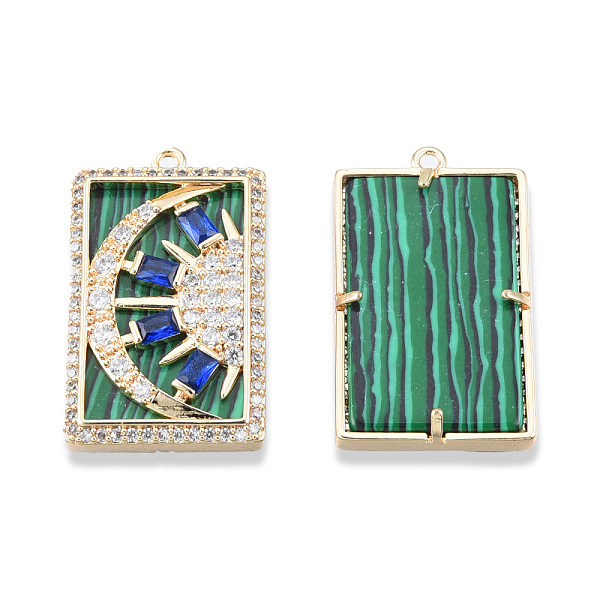 

PandaHall Brass Pave Clear Cubic Zirconia Pendants, with Natural Malachite, Cadmium Free & Nickel Free & Lead Free, Rectangle with Moon &...