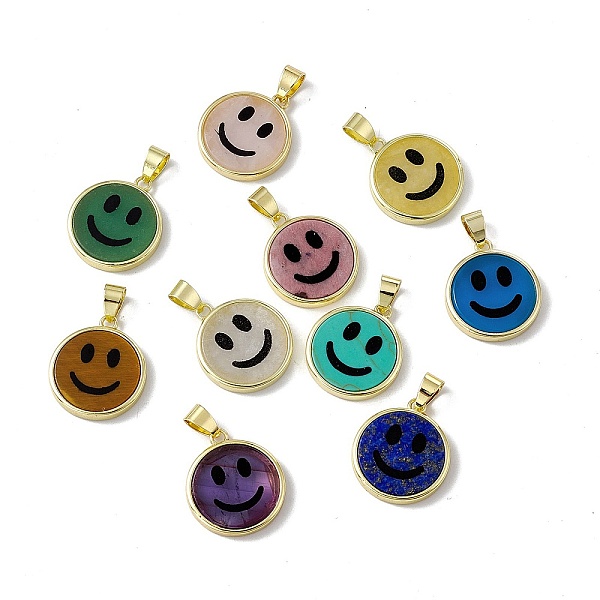 

PandaHall Natural & Synthetic Mixed Gemstone Pendants, Flat Round with Smiling Face Charms, with Rack Plating Golden Tone Brass Findings...