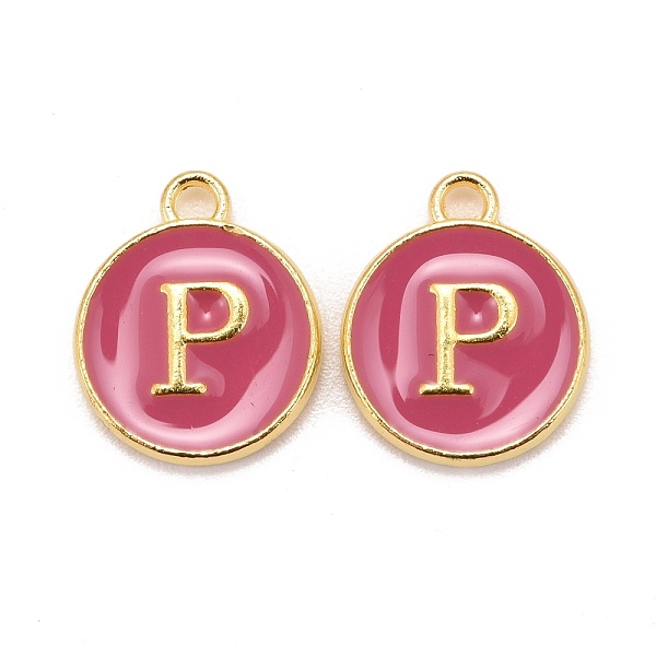 

PandaHall Golden Plated Alloy Enamel Charms, Cadmium Free & Lead Free, Enamelled Sequins, Flat Round with Letter, Camellia, Letter.P..., Pink