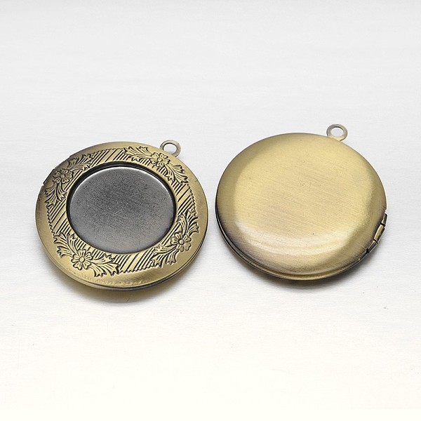 

PandaHall Rack Plating Brass Locket Pendant Cabochon Settings, Lead Free & Nickel Free, Carved Flat Round , Brushed Antique Bronze, Tray...