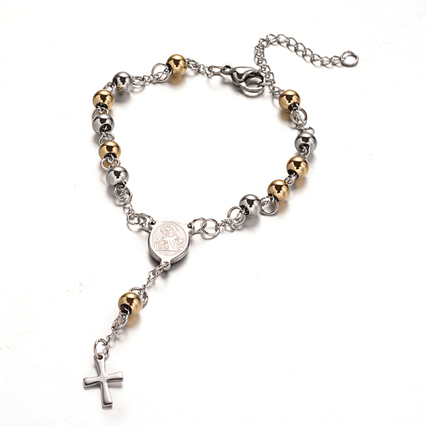 

PandaHall Rosary Bead Bracelets with Cross, 201 Stainless Steel Bracelet for Easter, Oval with Virgin Mary, Golden & Stainless Steel Color...
