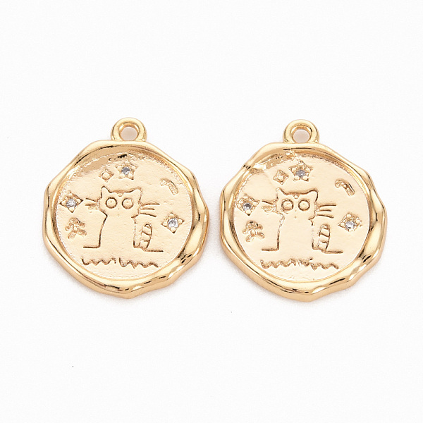 

PandaHall Brass Micro Pave Clear Cubic Zirconia Pendants, Nickel Free, Flat Round with Cat, Real 18K Gold Plated, 18x14x2mm, Hole: 1.4mm...