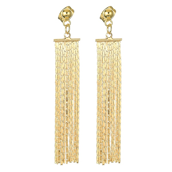 PandaHall Brass Coreana Chain Tassel Earrings, Long Dangle Stud Earrings with 304 Stainless Steel Pins, Golden, 56.5x10mm Brass Rectangle