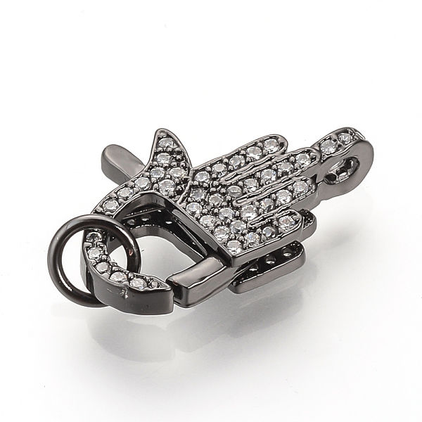 

PandaHall Brass Micro Pave Cubic Zirconia Lobster Claw Clasps, Hamsa Hand/Hand of Fatima /Hand of Miriam, Gunmetal, 20.5x13x4.5mm, Hole...