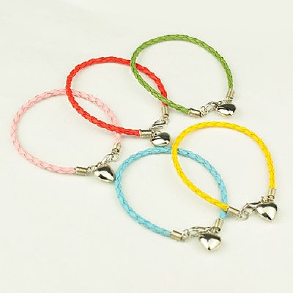 

PandaHall PU Leather Braided Charm Bracelets, with CCB Plastic Pendants and Alloy Lobster Claw Clasps, Mixed Color, 180mm Plastic Multicolor