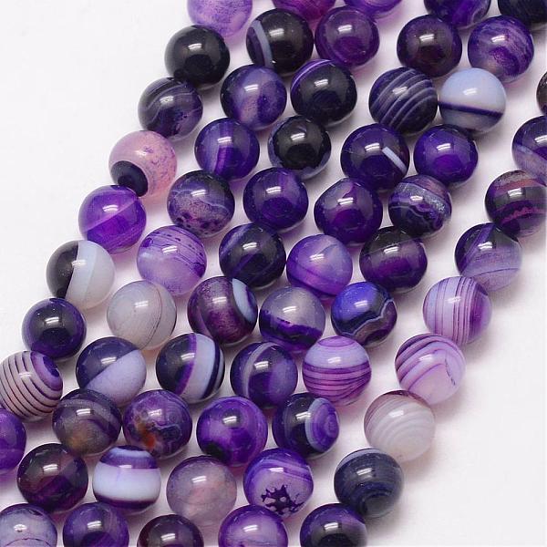 

PandaHall Natural Striped Agate/Banded Agate Bead Strands, Round, Grade A, Dyed & Heated, Indigo, 6mm, Hole: 1mm, about 61pcs/strand, 15..., Purple