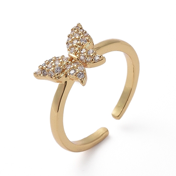

PandaHall Adjustable Brass Finger Rings, with Micro Pave Clear Cubic Zirconia, Long-Lasting Plated, Butterfly, Golden, Size 7, 17mm...