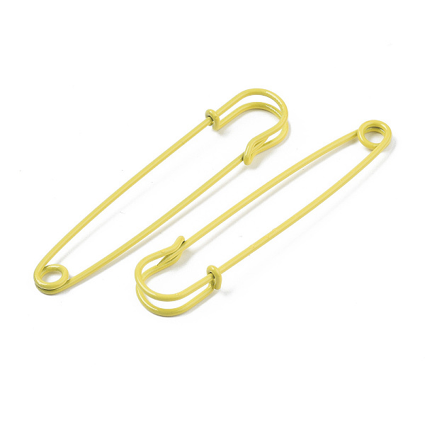

PandaHall Spray Painted Iron Safety Pins, for Brooch Making, Kilt Needles, Yellow, 75x17x6mm, Hole: 4.5mm, Pin: 1.5mm Iron Yellow