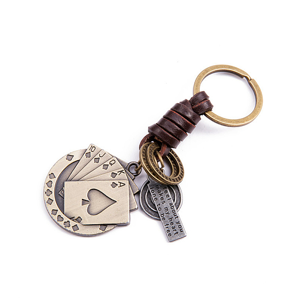 

PandaHall Punk Style Woven Cow Leather Alloy Pendant Keychain, for Car Key Pendant, Playing Card Pattern, 11cm Leather Others