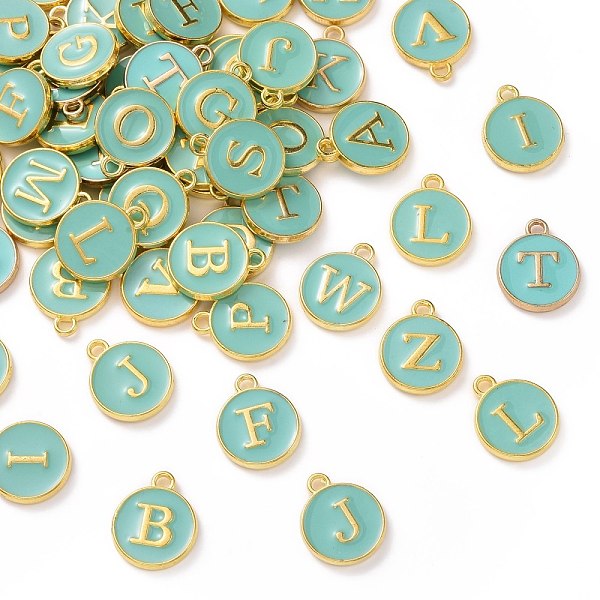 

PandaHall Golden Plated Alloy Enamel Charms, Enamelled Sequins, Flat Round with Random Mixed Letters, Turquoise, 14x12x2mm,Hole:1.50mm..., Green