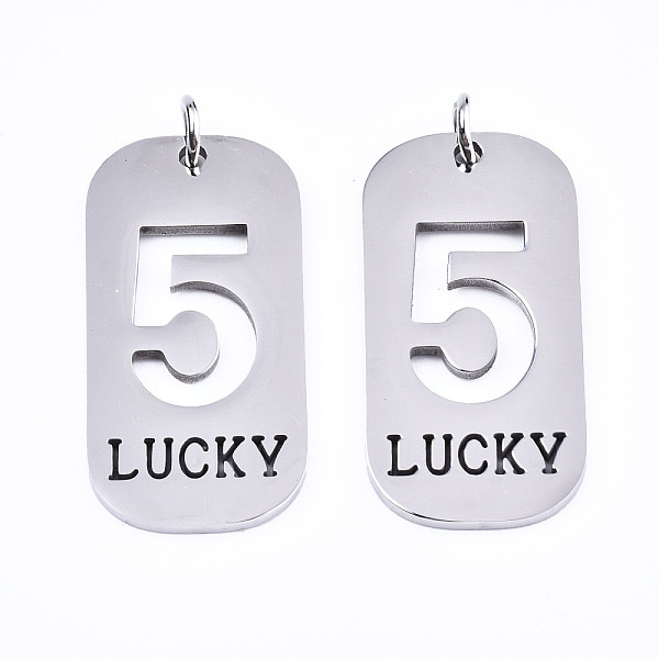 PandaHall 201 Stainless Steel Pendants, Laser Cut, with Jump Rings, Rectangle with Number and Word LUCKY, Stainless Steel Color, Num.5...