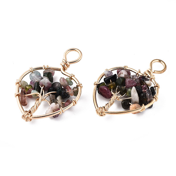 

PandaHall Natural Tourmaline Pendants, Golden Tone Brass Wire Wrapped, Tree, Heart, 37~38.5x26~27x5.5~7.5mm, Hole: 4mm Tourmaline Heart